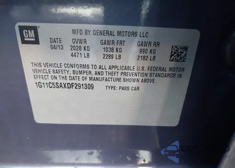 2013 Chevrolet Malibu 1Lt from USA, damaged, VIN 1G11C5SAXDF291309